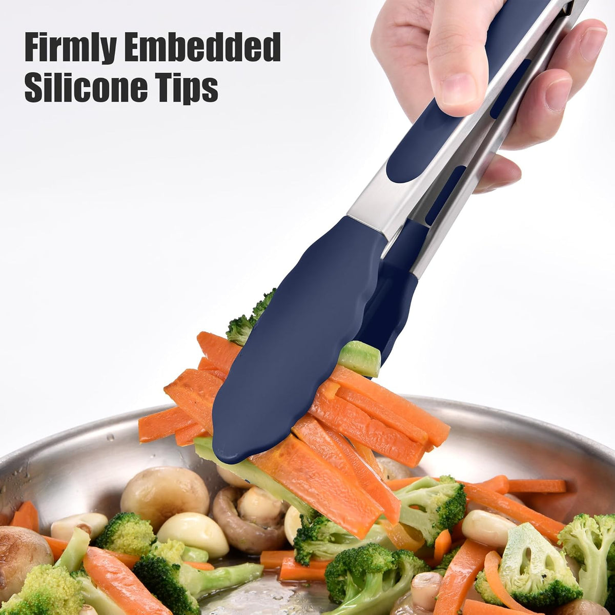 Doosu Kitchen Tongs for Cooking - 600°F Heat Resistant Food Tong Set with Non-Scratch Silicone Tips, Heavy Duty Stainless Steel Locking Tong for BBQ, Grilling Steak, Serving Salad (9+12in, Navy Blue)