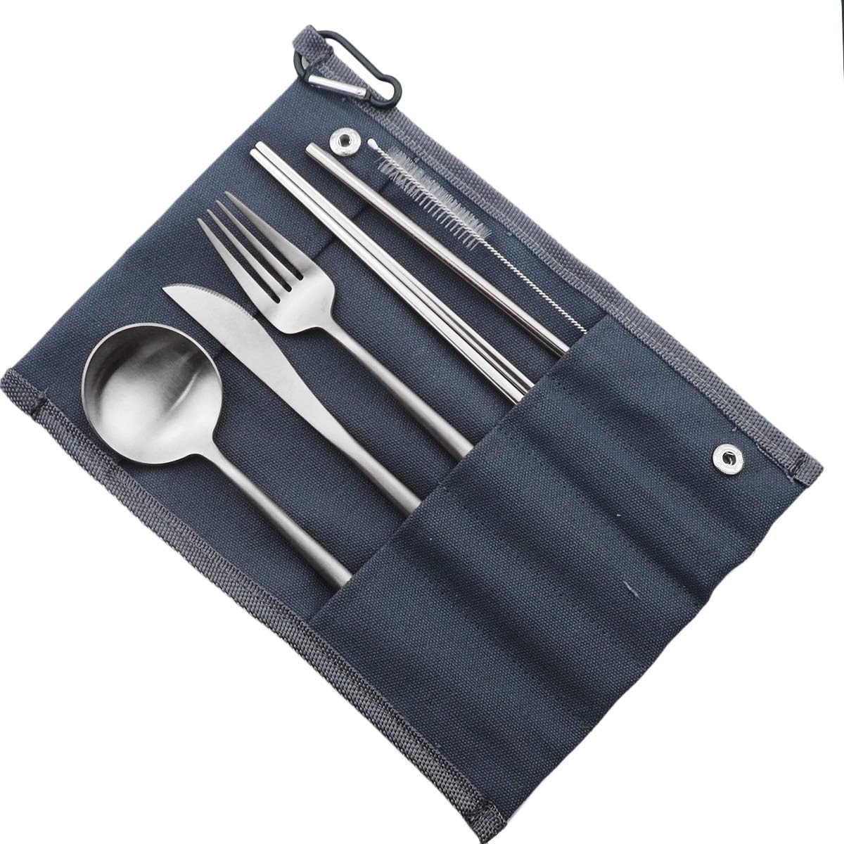 Gugrida Reusable Travel Utensils, 7 Pieces Portable 18/10 Stainless Steel include Knife Fork Spoon Chopsticks Cleaning Brush Straws Portable Pouch, Eco-friendly Camping Silverware Set, Dishwasher Safe