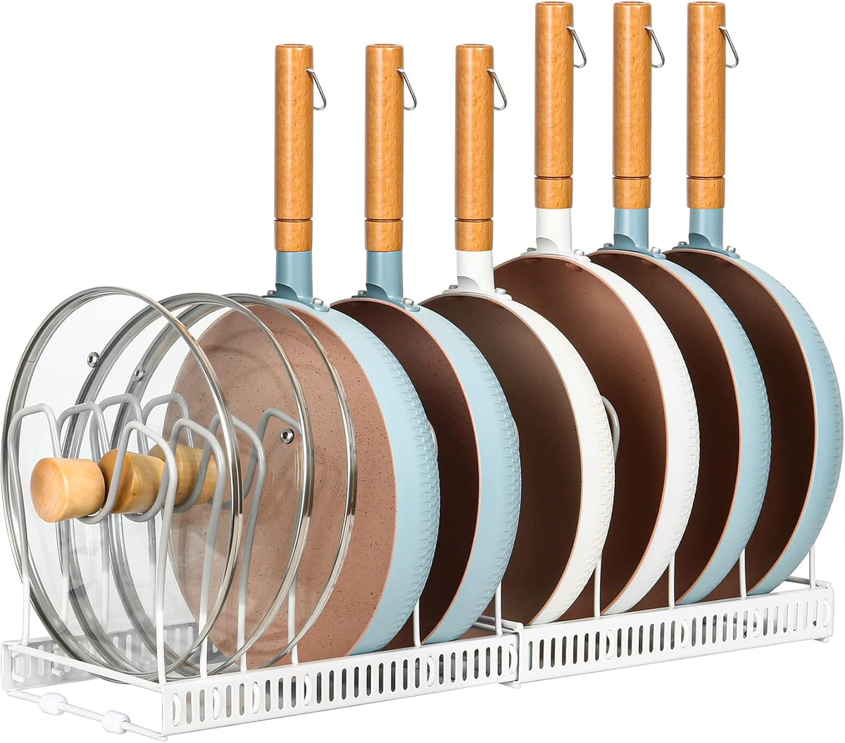 Expandable Pot & Pan Organizer - Cabinet Cookware Rack with 10 Adjustable Compartments & Pot Lid Holder