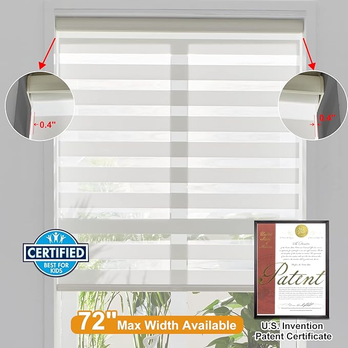 Persilux Cordless Zebra Blinds for Windows (33" W X72 H, Cream) Free-Stop Roller Windows Shades Dual Layer Light Control for Day and Night, Light Filtering Sheer Shades for Home, Easy to Install