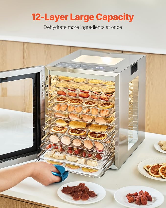 VEVOR Food Dehydrator, 12 Stainless Steel Trays Dehydrators Machine, 850W Food Dryer with Adjustable Temp & 24-Hour Timer, Dehydrator for Food and Jerky, Meat, Fruit, Vegetables, Herbs, Dog Treats