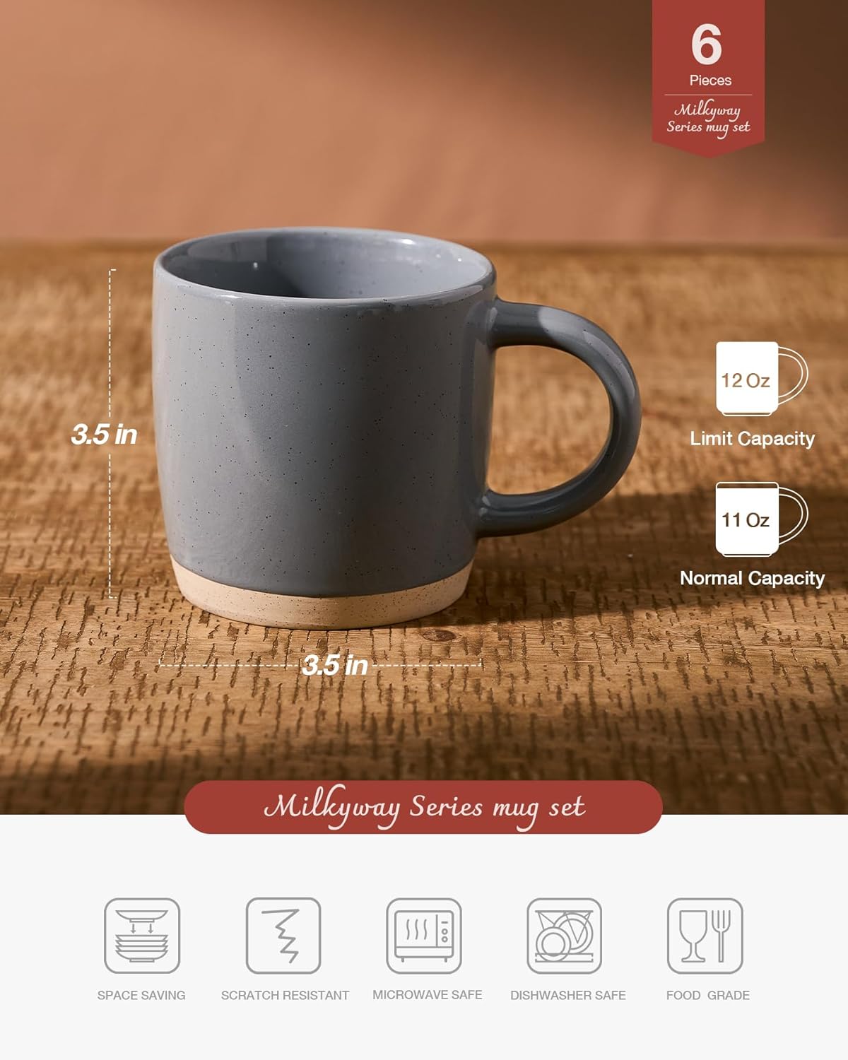 famiware Coffee Mugs for 6, 12 oz Mug Set, Dringking Cup with Handle for Coffee, Tea, Cocoa, Milk, Milkyway serise, Dark Gray