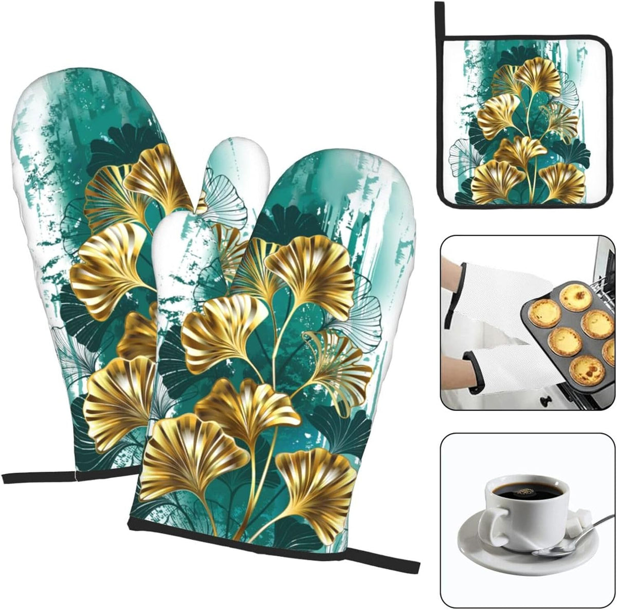 Teal Gold Green Leaves Oven Mitts and Pot Holders Set Heat Resistant Non Slip Set of 3 Decorative Kitchen Gloves Hot Pads for Cooking BBQ Baking Grilling
