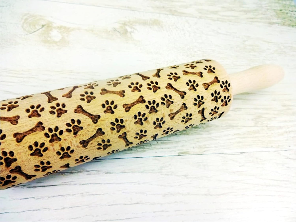 PAW and BONE EMBOSSING ROLLING PIN LASER ENGRAVED PATTERN with PAWS and BONES for EMBOSSED COOKIES or PASTA
