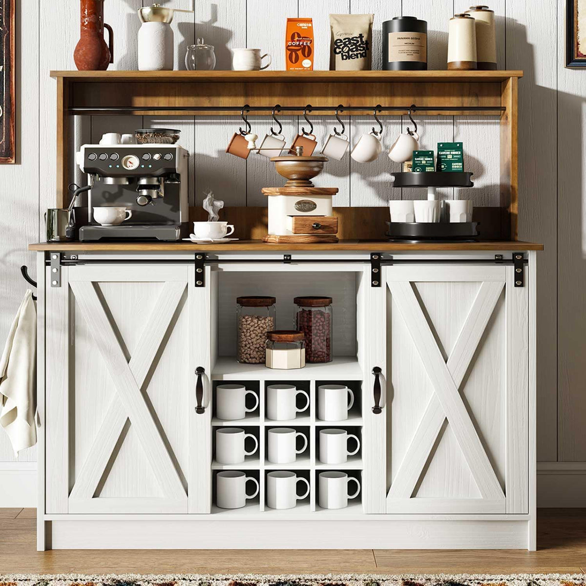 4ever2buy Farmhouse Coffee Bar Cabinet with Hutch, 47 Inch Buffet Cabinet with Storage, White Wine Bar with 9 Wine Racks and 6 Hooks, Coffee Bar Table with Adjustable Shelves for Living Dining Room