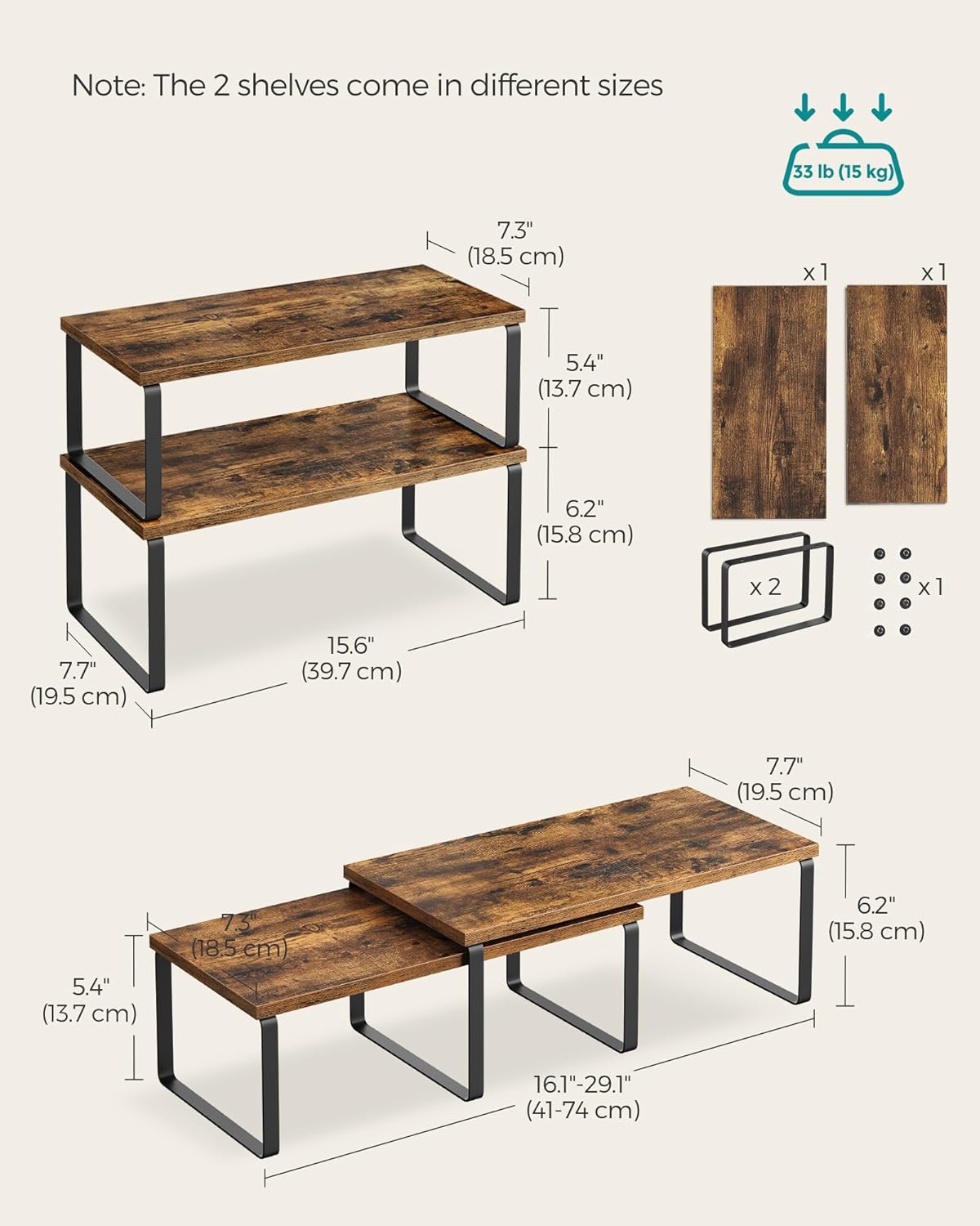 SONGMICS Cabinet Organizer Shelf, Set of 2 Kitchen Counter Shelves, Kitchen Storage, Spice Rack, Stackable, Expandable, Metal and Engineered Wood, Ink Black and Rustic Brown UKCS200X01