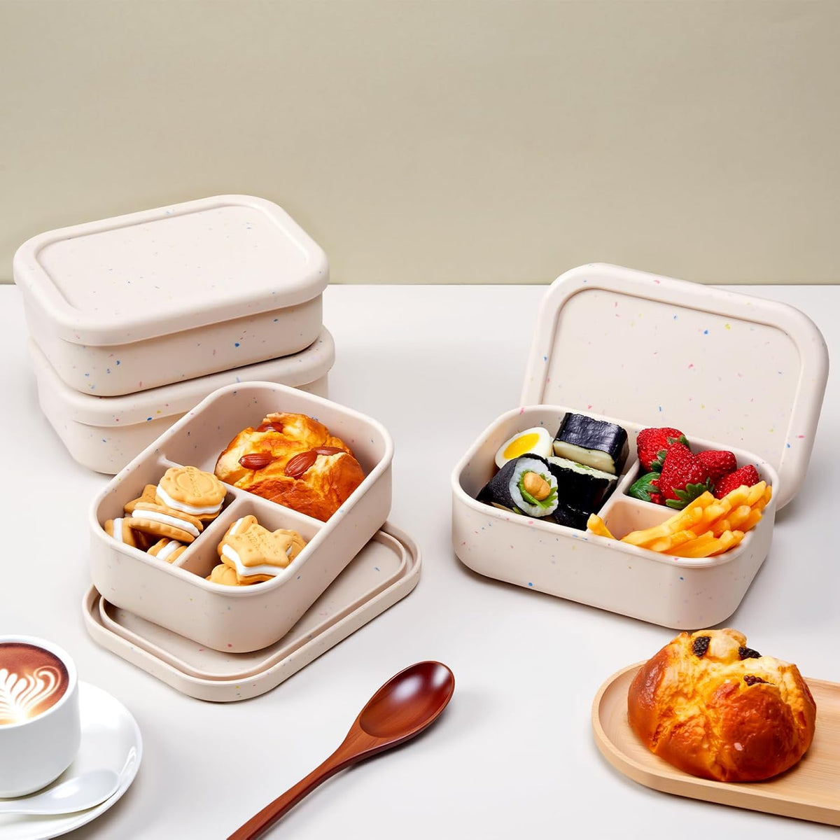 Honeydak 4 Pcs Silicone Bento Lunch Box 3 Compartment Reusable Leakproof Silicone Bento Lunch Container for Adults Microwave Dishwasher Freezer Safe(Beige)