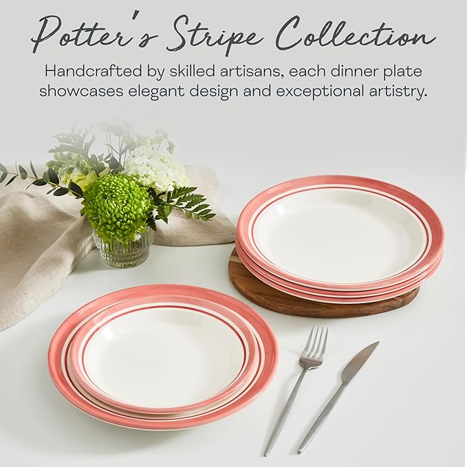 Portmeirion Potter's Striped Dinner Plate (Set of 4) - 10.5-Inch Stackable Earthenware Plates - Microwave & Dishwasher Safe, Handcrafted Dinnerware for Casual & Formal Table Settings (Red Stripe)