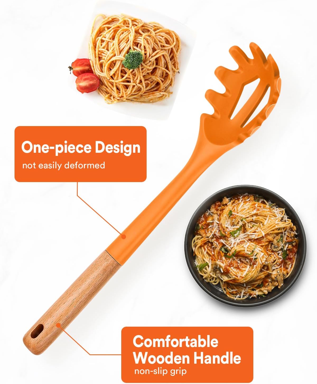 Silicone Pasta Fork, Kitchen Heat Resistant Noodle Spoon Server, BPA Free Spaghetti Strainer,12.8 inch (ORANGE)