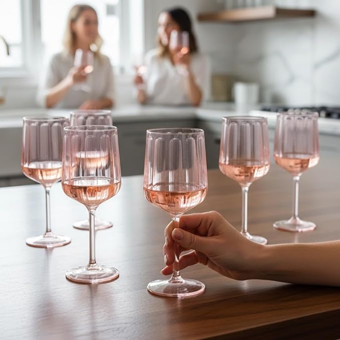 Khen Acrylic Lucia Stemmed Goblets - Unbreakable Wine Glasses Reusable Drinking Cups Dishwasher Safe Elegant Stemware for Cocktail Champagne | Kitchen Bar Party | Set of 6 |14oz | Pink