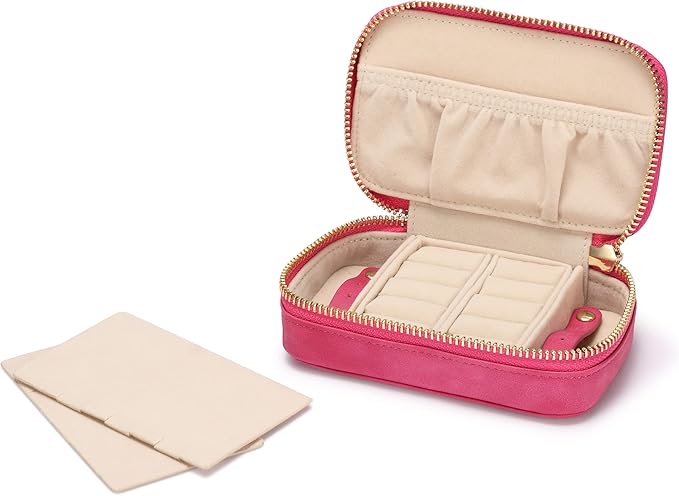 HISCOW Vegan Leather Travel Jewelry Case with Zipper - Portable Necklace & Earring Holder Organizer for Women Girls, Velvet-Lined Ring Box with Anti-Tarnish Design, Rose Red