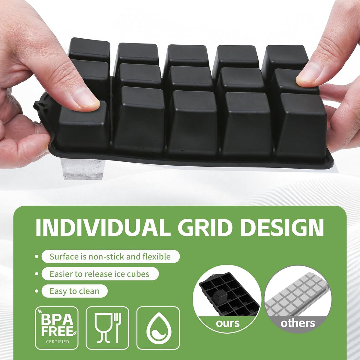 Silicone Ice Cube Tray, 2 Pack Easy-Release Stackable Ice Trays for Freezer with Lid 15 Reusable Cubes, Food Grade BPA Free Ice Molds for Whiskey, Baby Food, Coffee, Cocktail, Drinks (Black)