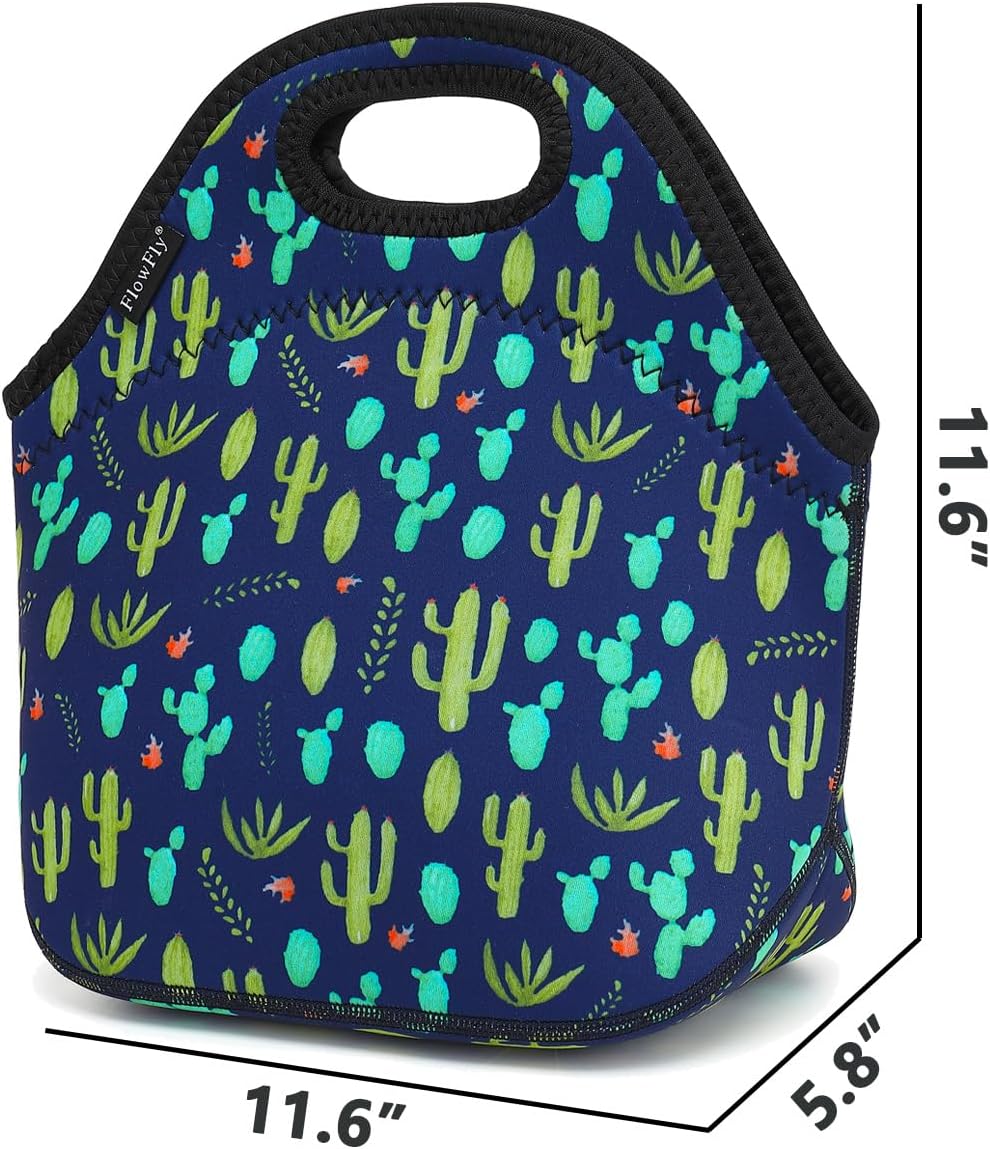 FlowFly Neoprene Lunch Tote Insulated Thermal Reusable Lunch Bag Box for Boys Men with Zipper (Cactus)