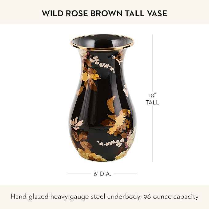 MACKENZIE-CHILDS Tall Enamel Vase, Unique Flower-Vase Decor for Living Room, Wild Rose Brown