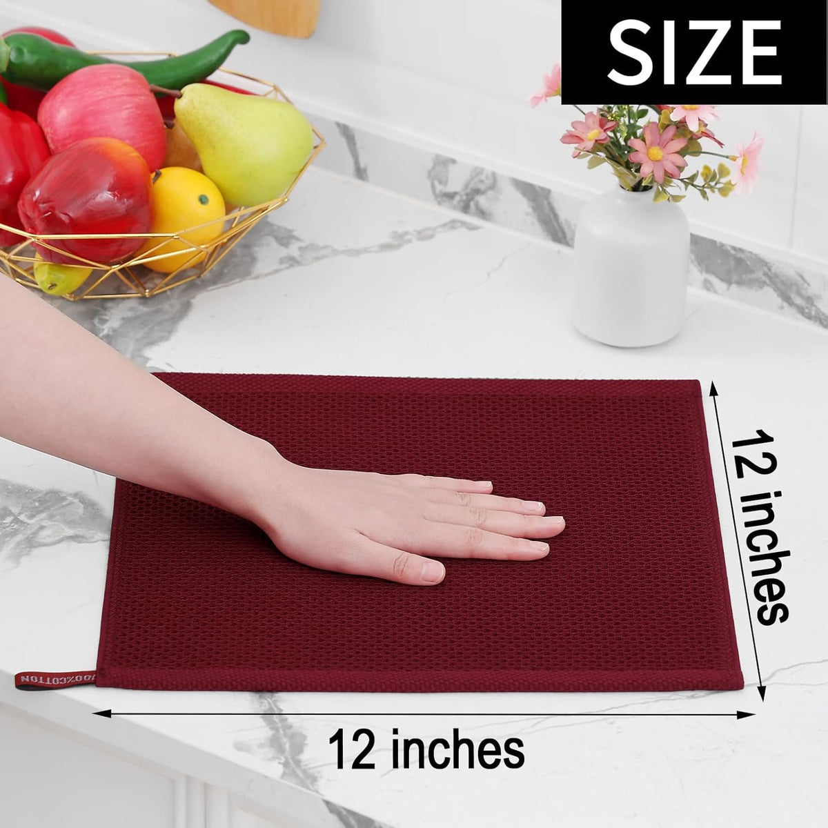 Homaxy 100% Cotton Waffle Weave Kitchen Dish Cloths, Ultra Soft Absorbent Quick Drying Dish Towels, 12 x 12 Inches, 8-Pack, Burgundy
