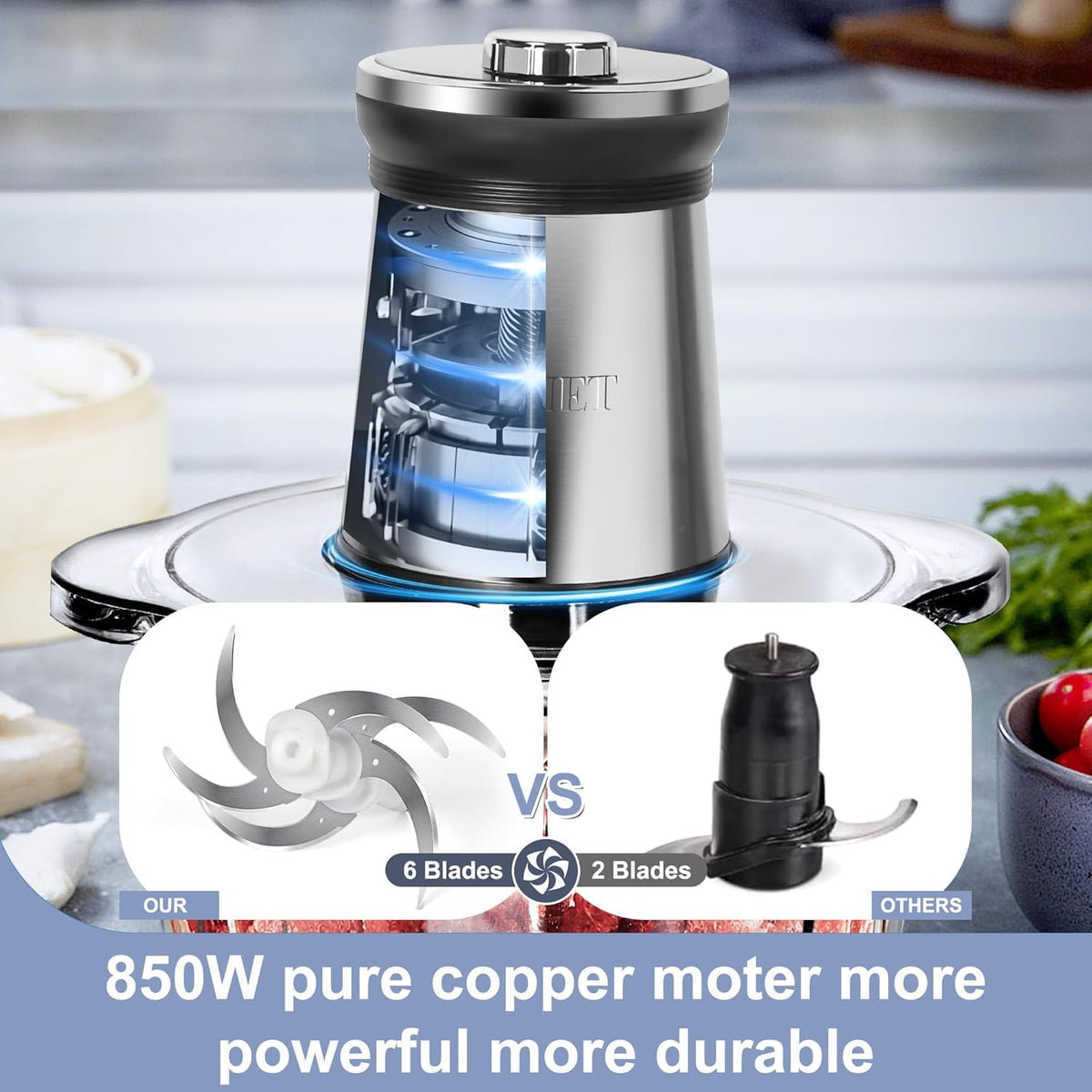 Electric Meat Grinder 850W Food Chopper Food processor with LED timer one 16cup thick glass bowl, 2 sets three-layers 6 blades cutter by BUMET
