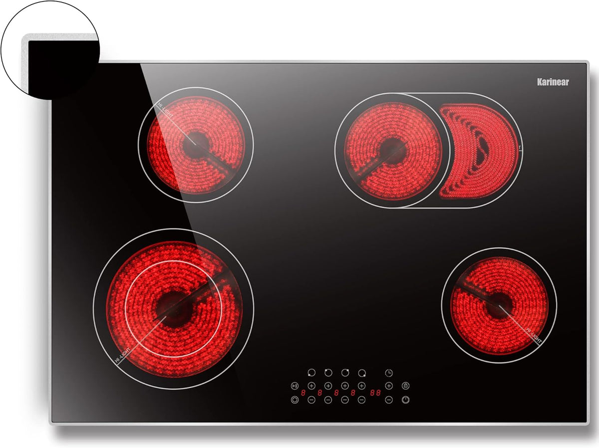 Karinear 30 Inch Electric Cooktop 4 Burners, Built-in Electric Stove top with Glass Protection Metal Frame, Expandable Burners, Multi-function Ceramic Cooktop, 220-240v Hard Wire, No Plug