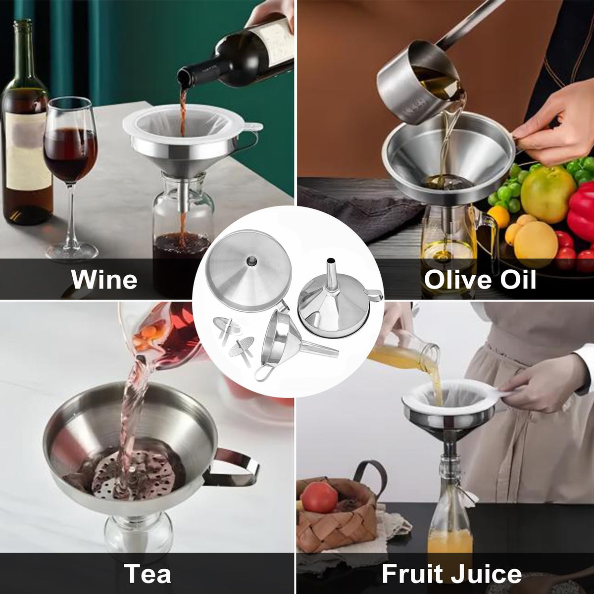 Stainless Steel Funnels for Kitchen use,4PCS Kitchen Metal Funnel with 2 Removable Strainer,Cleaning Brush.Funnel for Filling Bottles,for Transferring of Liquid,Oils,Jam (5.1",3",2.2",1.8")
