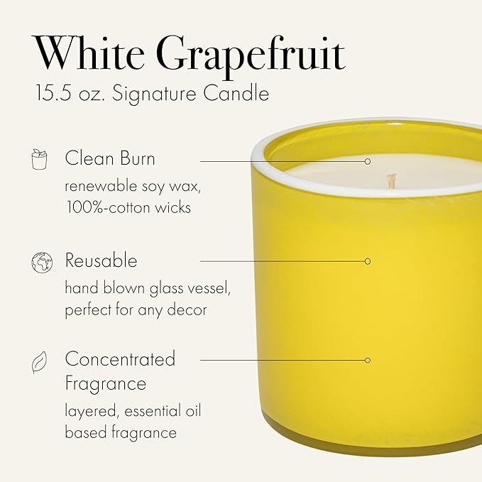 LAFCO New York Signature Candle, White Grapefruit - 15.5 oz - 90-Hour Burn Time - Reusable, Hand Blown Glass Vessel - Made in The USA