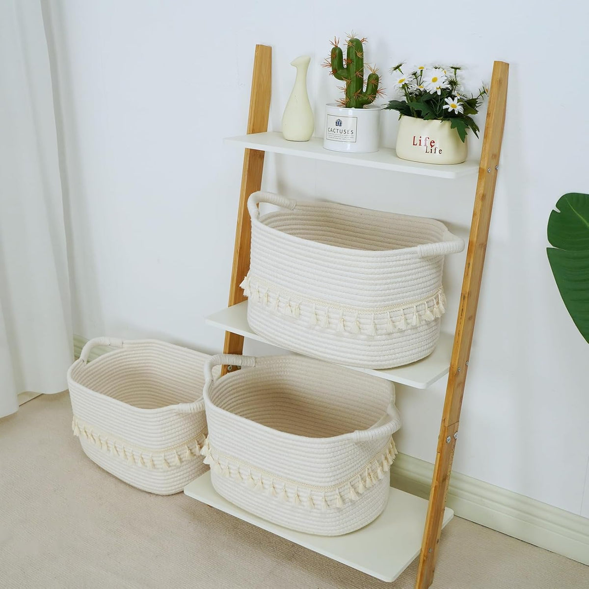 TeoKJ White Cotton Rope Baskets for Storage, Set of 3 Woven Clothes Basket for Organizing and Storage, Blanket Basket for Living Room Laundry Bathroom Shelves