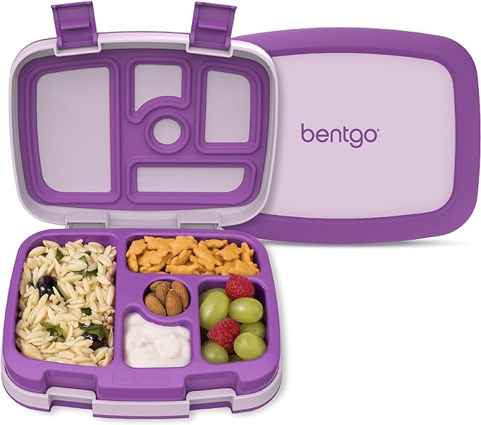 Bentgo Kids Bento-Style 5-Compartment Leak-Proof Lunch Box - Ideal Portion Sizes for Ages 3 to 7 - Durable, Drop-Proof, Dishwasher Safe, PFAS & BPA-Free & Made with Food-Safe Materials (Purple)