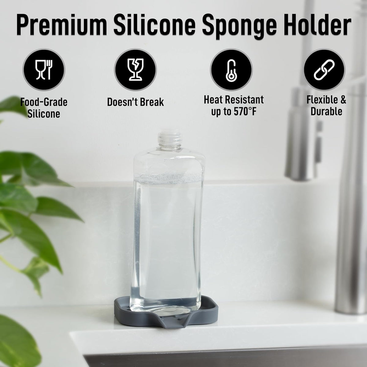 Zulay Kitchen Small Silicone Sponge Holder (4.9x3.3”) – Space-Saving Sink Organizer Tray for Sponge, Soap, Brush & More – Compact Non-Slip Dish for Kitchen & Bathroom (Grey)