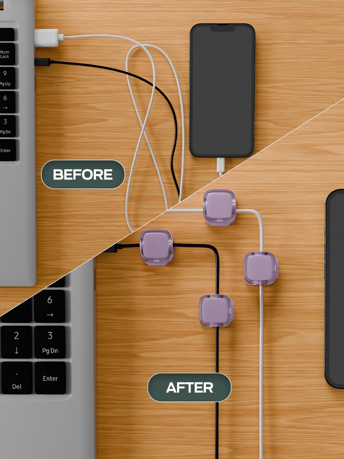 6-Pack Magnetic Cord Holder, Cord Holder with Strong Magnetic Lid, Holds Cables Firmly, 7 mm Charger Holder & HDMI Cord Organizer Clips, Strong Adhesive Pad (Purple)