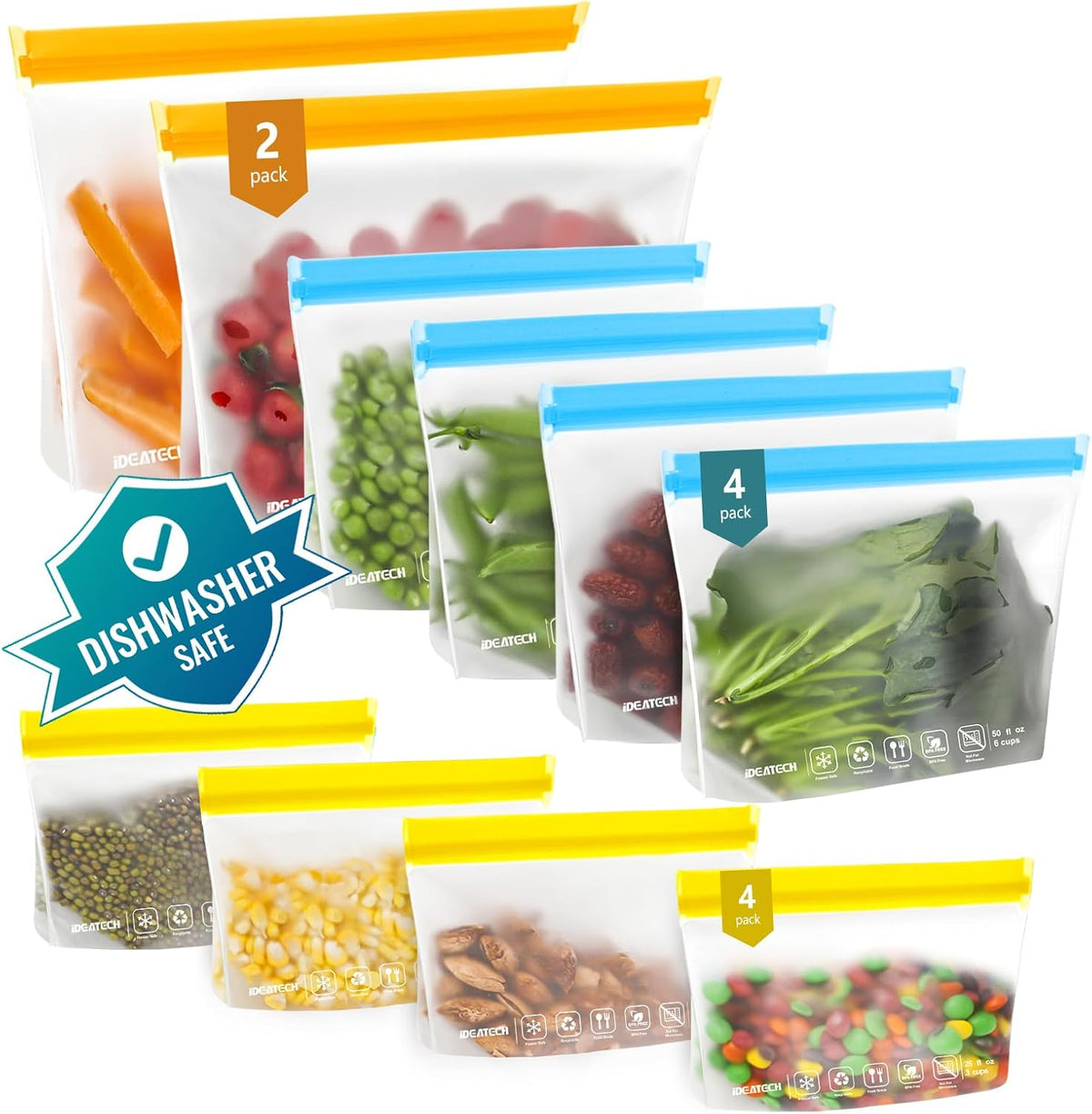 IDEATECH 12Pack Food Storage Bags Dishwasher Safe, BPA Free Reusable Snack Bags, Leakproof Reusable Gallon Freezer Bags for Lunch,Travel(2Gallon 4Quart 4Snack, Colored)