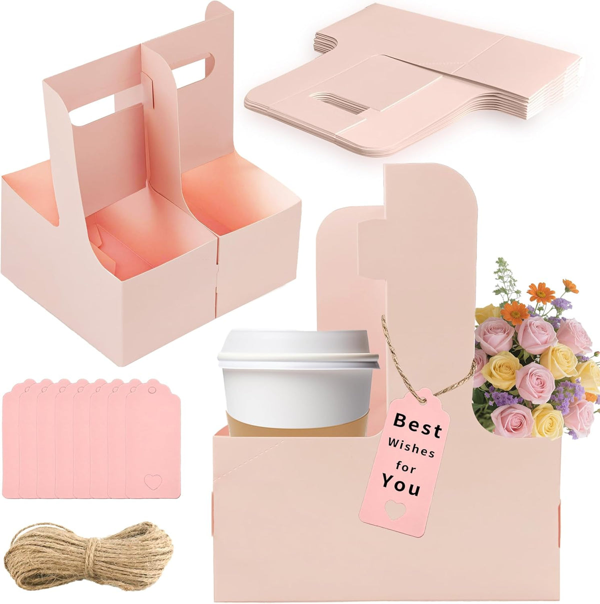 2 Cup Drink Carrier,8 Pack Coffee Cup Holders with Handle,Cardboard Cup Holders for Hot or Cold Drinks,Coffee Carrier with Ribbon and Card,Food Delivery Services and Bouquet(Pink)