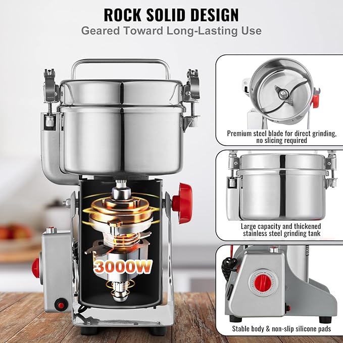 VEVOR 1000g Electric Grain Mill Grinder, High Speed 3000W Commercial Spice Grinders, Stainless Steel Pulverizer Powder Machine, for Dry Grains Spices Cereals Coffee Corn Pepper, Swing Type