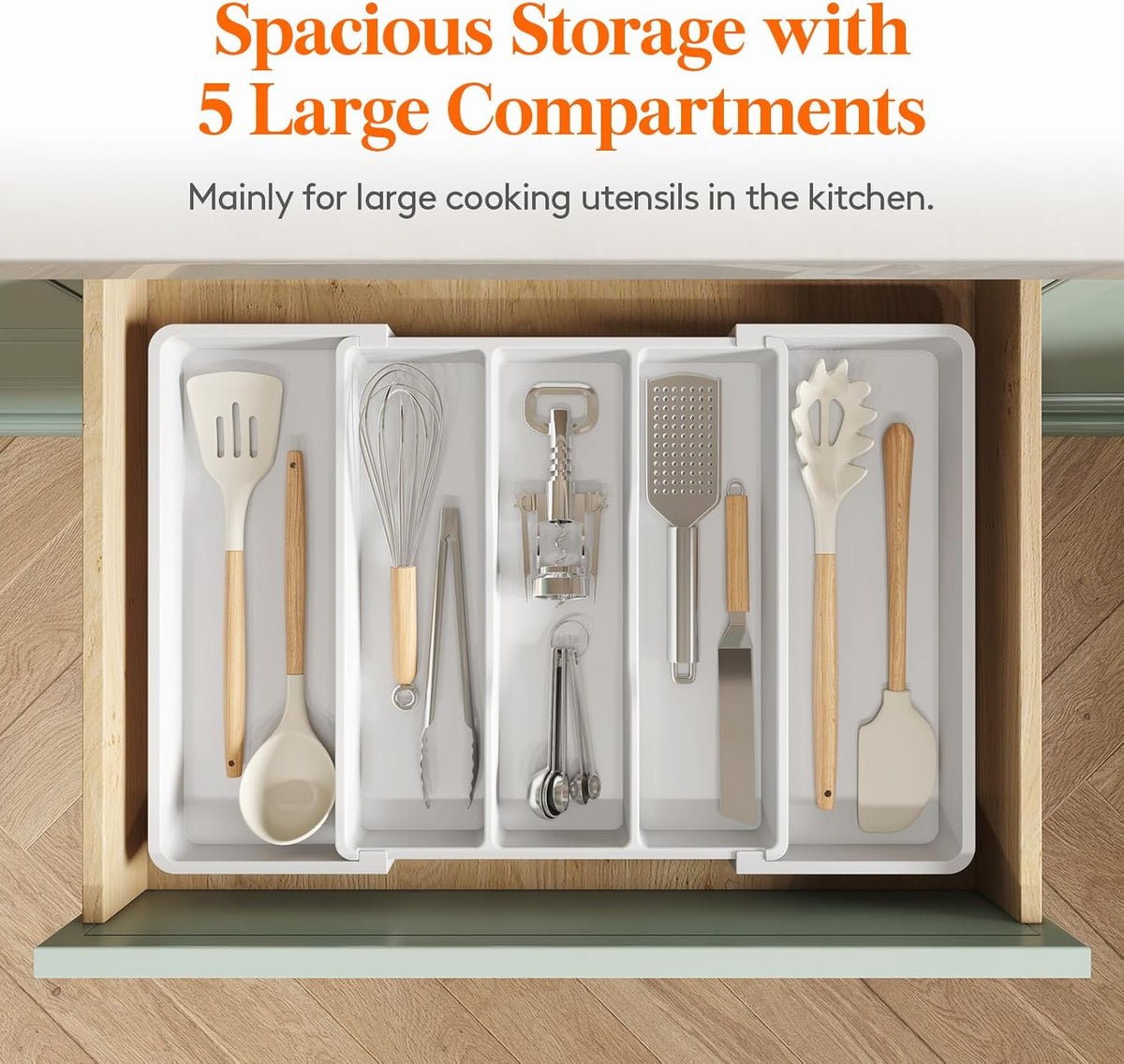 Lifewit Utensil Organizer for Kitchen Drawers, Expandable from 13‘’ to 22.4'', 15'' Depth, Plastic Cutlery Silverware Flatware Holder, Spatula Tools and Gadgets Storage, Large, White