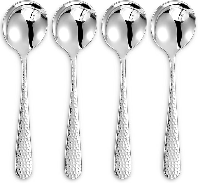 KEAWELL Premium 4-Piece Louise Hammered Spoons Set, 18/10 Stainless Steel, Set of 4, Fine Spoon Set with Round Edge, Dishwasher Safe (7" Soup Spoons)