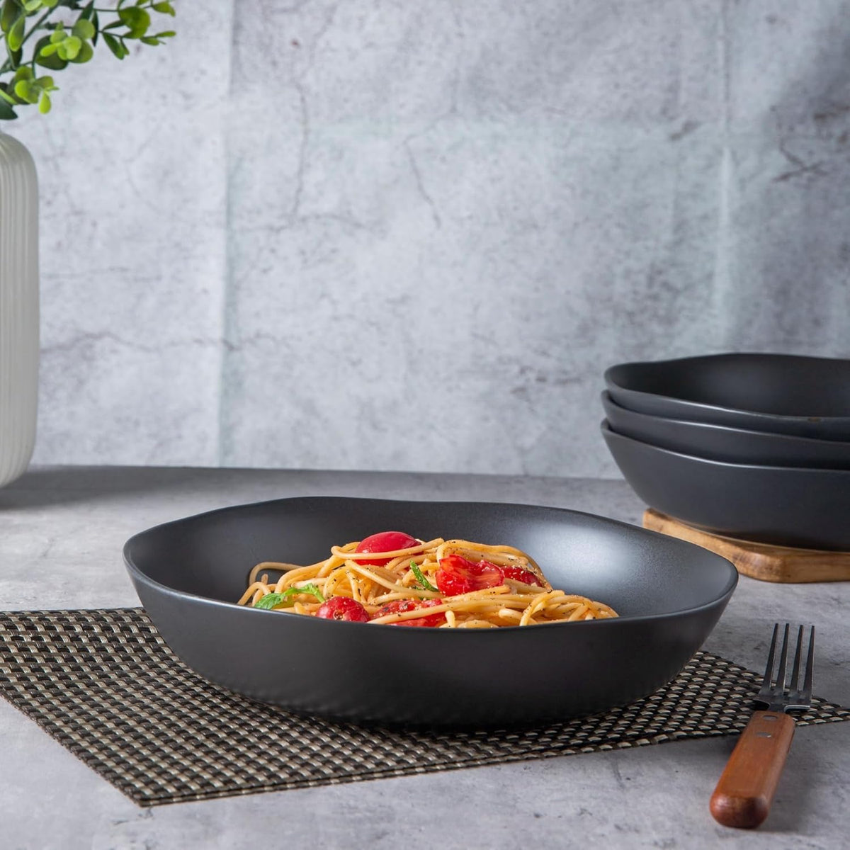 AmorArc 9.75'' Large Ceramic Pasta Bowls, 38oz Stoneware Wide Serving Bowls Set of 6 for Kitchen, Oven, Microwave&Dishwasher Safe Bowls with Wavy Rim for Fruit Pasta Salad Meal, Matte Black