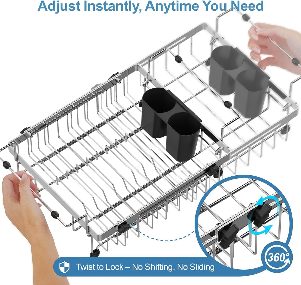 GSlife in Sink Dish Drying Rack - Stainless Steel Capacity Expandable Over The Sink Dish Drainer with Lock Knob and Utensil Holder for Kitchen Sink, 10.8"-17.9" L x 12.8" W, Silver