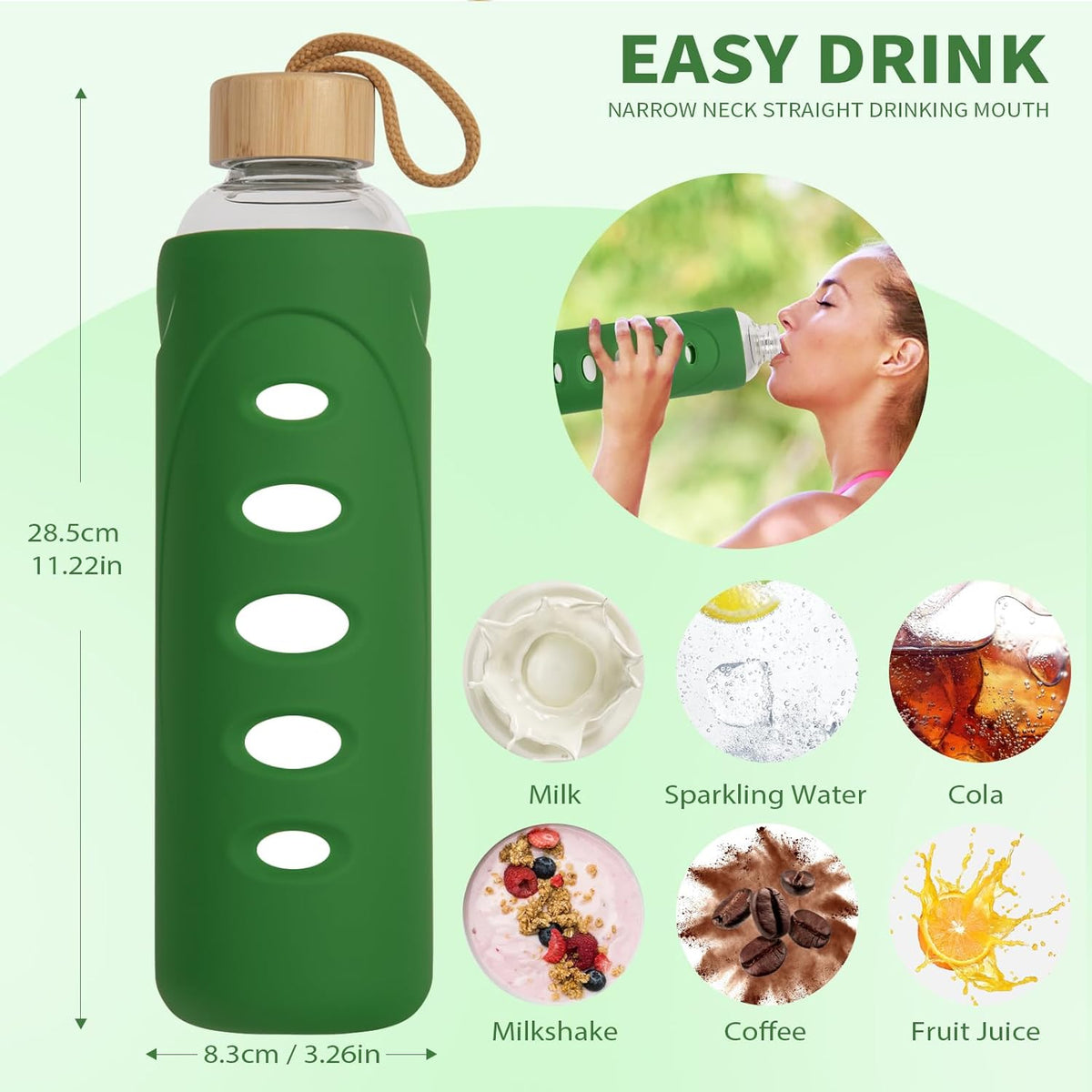 Sport 32oz Glass Water Bottle 1000ml /1 liter Borosilicate Glass Water Bottle Reusable Waterbottle Jugwith Silicone Sleeve and Unique Lid (Dark green