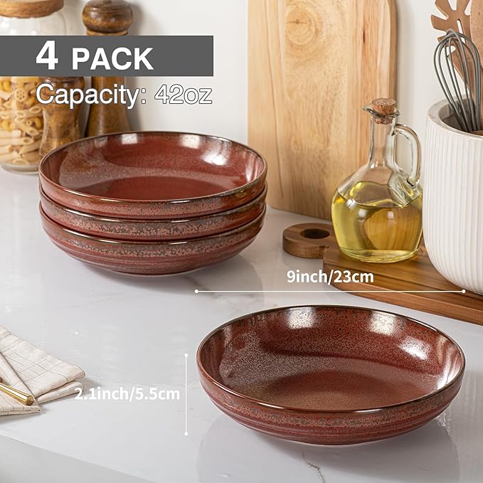 HAPPY KIT 9'' Large Pasta Bowls, 42 Oz, Stoneware Reactive Glaze Salad Bowl Set of 4, Ceramic Serving Bowls for Fruit,Soup,Noodle, Dinner, Scratch Resistant, Rust Red