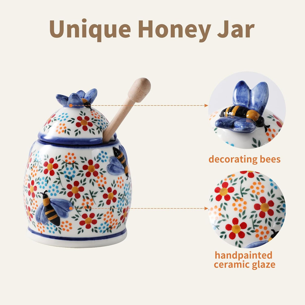 ZOOBEE 10oz Honey Jar with Dipper and Lid Farmhouse Style,Ceramic Honey Dispenser No Drip,Handpainted Honey Pot with Bees,Easily Wash-Spring Delight