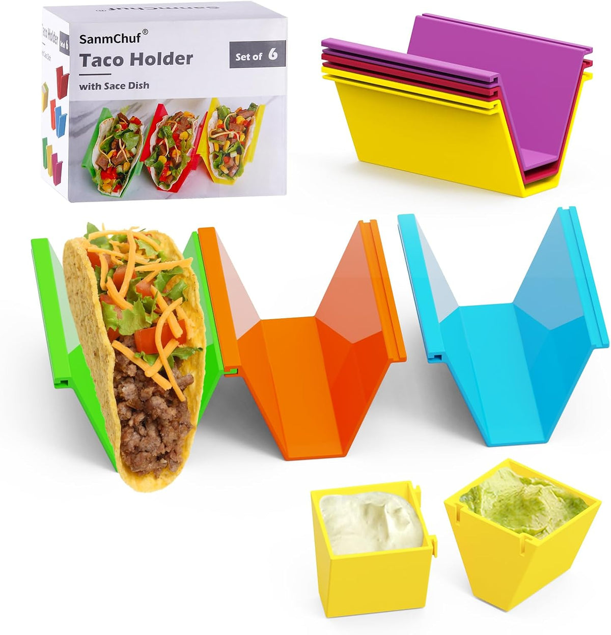Colorful Taco Holder Set – Set of 6 with 2 Sauce Cups, Connectable & Stackable Plastic Taco Stands, Microwave & Dishwasher Safe, Great for Family Meals & Taco Nights