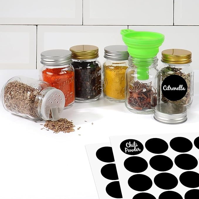 CycleMore 30 Pack 4oz Glass Mason Spice Jars, Round Spice Containers with Gold Metal Caps and Pour/Sift Shaker Lids-80pcs Labels,1pcs Silicone Collapsible Funnel,1Brush and Pen Included