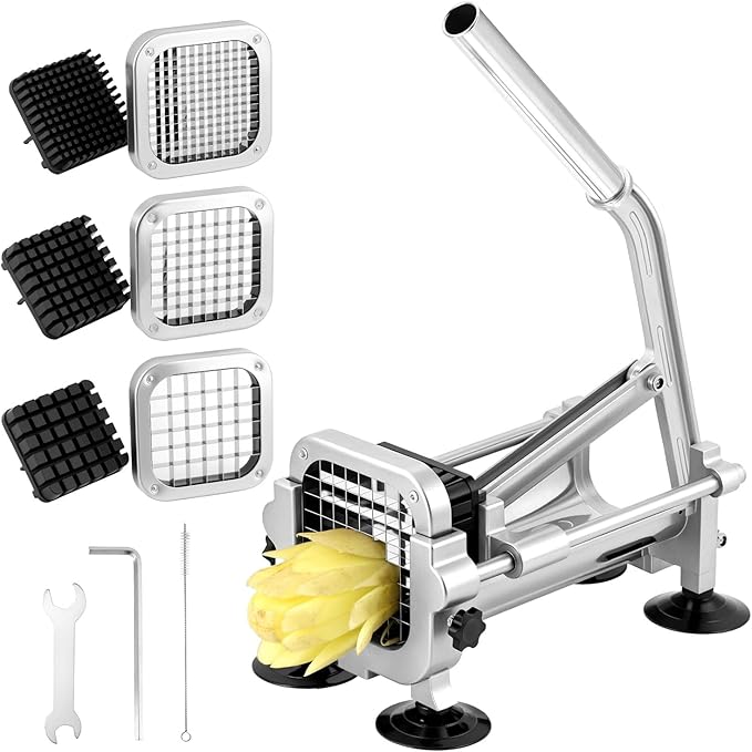 QWORK Stainless Steel French Fry Cutter with 1/2, 3/8 & 1/4 Blades – Compact Lever Slicer for Potatoes, Carrots & Yams