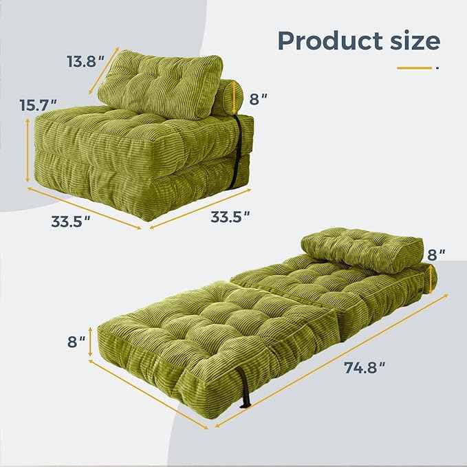 MAXYOYO Folding Sofa Bed, Convertible Sleeper Chair with Pillow Foldable Matress, Portable Fold Out Chair Bed Comfy Floor Sofa Lounge for Living Room Bedroom