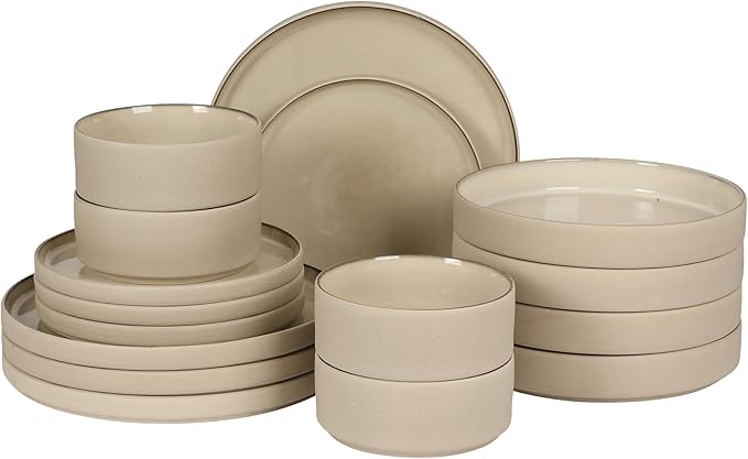 Gibson Elite Liberty Bay 16-Piece Pottery Clay Stoneware Dinnerware Set – Taupe Reactive Glaze, Stackable Plates and Bowls W/Pasta Bowl, Service for 4 – Microwave & Dishwasher Safe