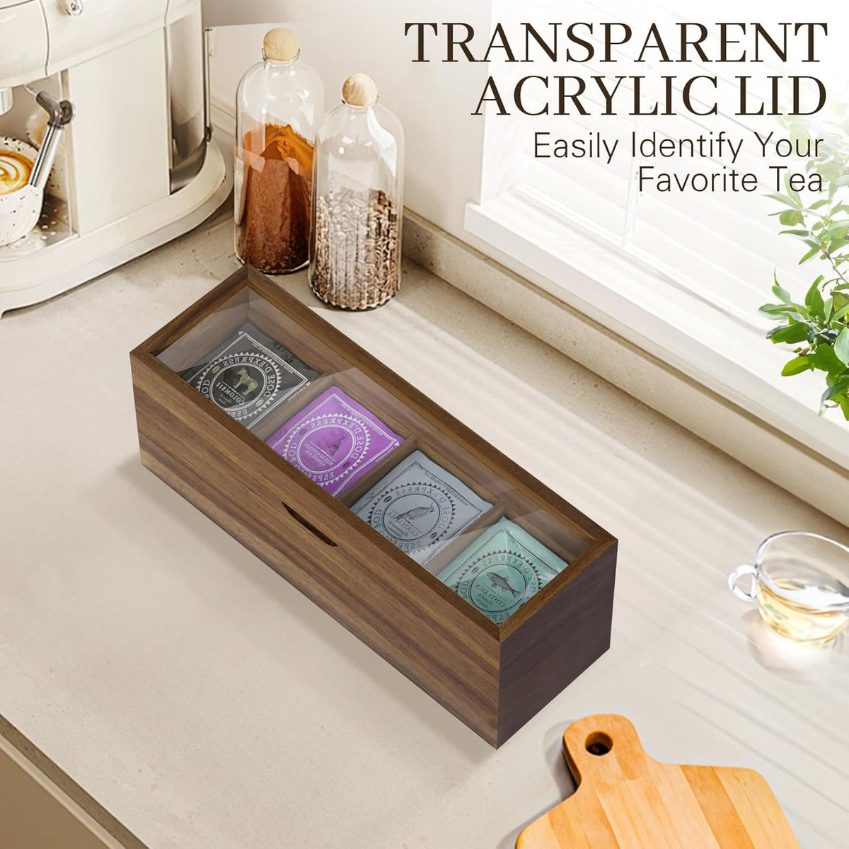 Acacia Wood Tea Bag Organizer, 4 Compartments Tea Box Organizer Storage Box, Teabag Holder Organizers with Clear Acrylic Window, Magnetic Lid and Removable Dividers