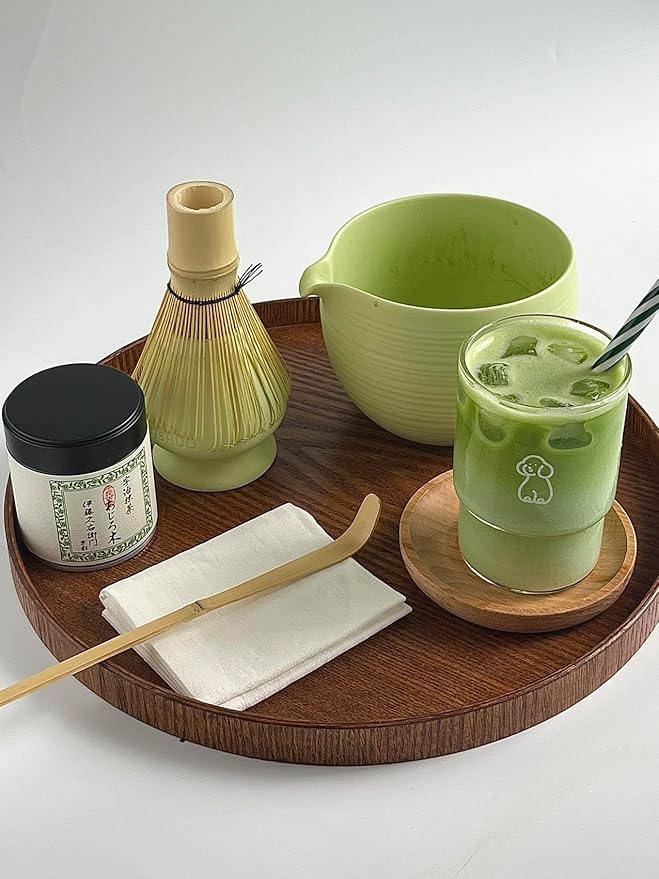 Matcha Whisk Set, Ceramic Matcha Bowl & Whisk Holder, Bamboo Accessory, Modern Design (Mint Green, Pouring Spout)
