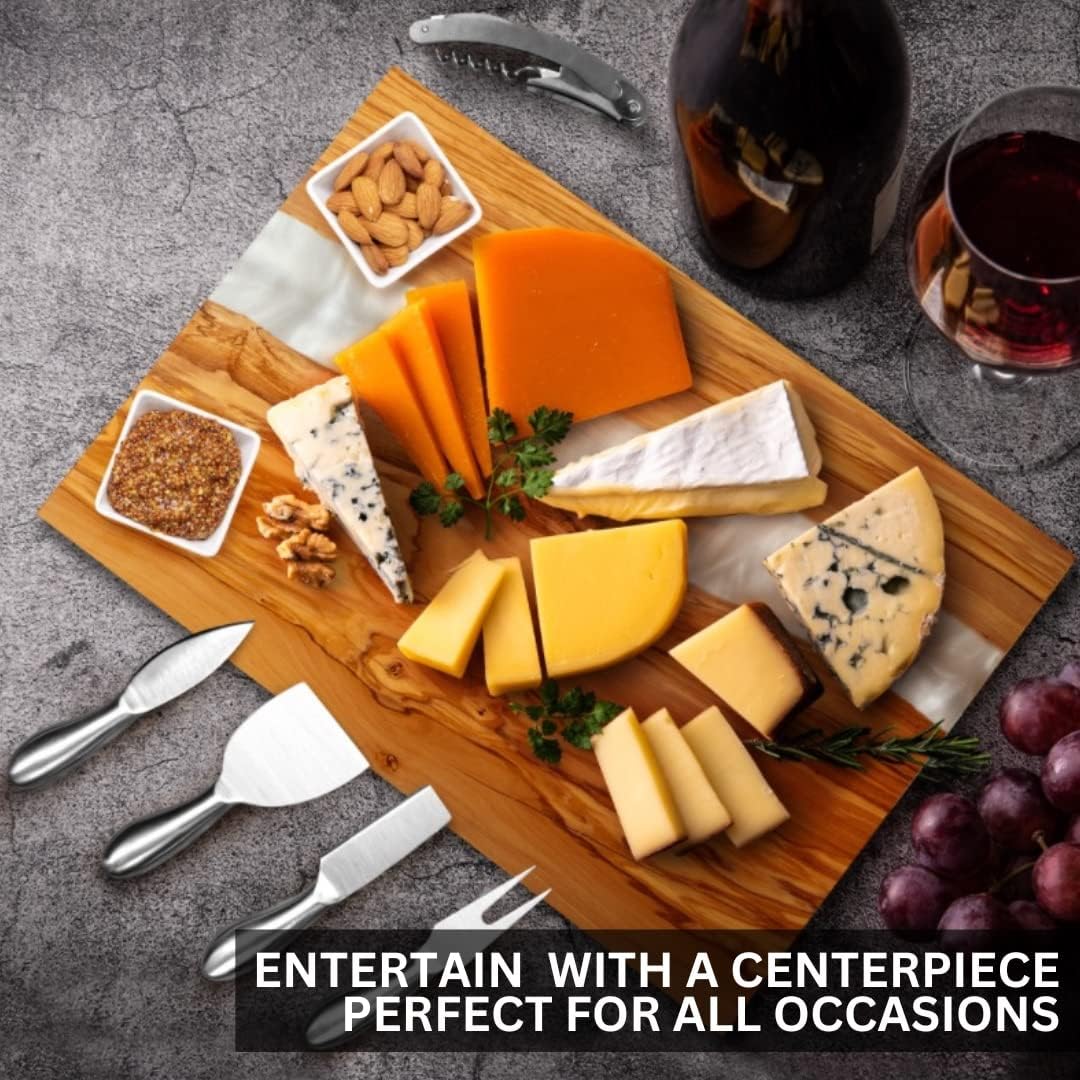 Handcrafted Italian Olive Wood Cheese & Charcuterie Board Set with Unique White Pearl Resin Artwork - Cutting Board Comes with 4 Cheese Knives, 2 Dipping Bowls & Corkscrew Wine Opener (White Pearl)