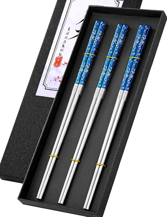 Metal Chopsticks Reusable, 3 Pairs Non-Slip Chop Sticks Reusable Dishwasher Safe, Titanium Plated Stainless Steel Chopsticks Present Set (Blue Silver)