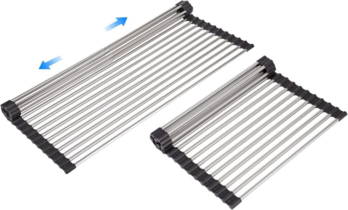 Large Telescopic Drain Rack Roll Up Rack Heat-Resistant Dish Drainer Kitchen Sink Rack Over The Sink Dish Drying Rack Stainless Steel Dish Rack (18 Tube 21.25''x12.79'')