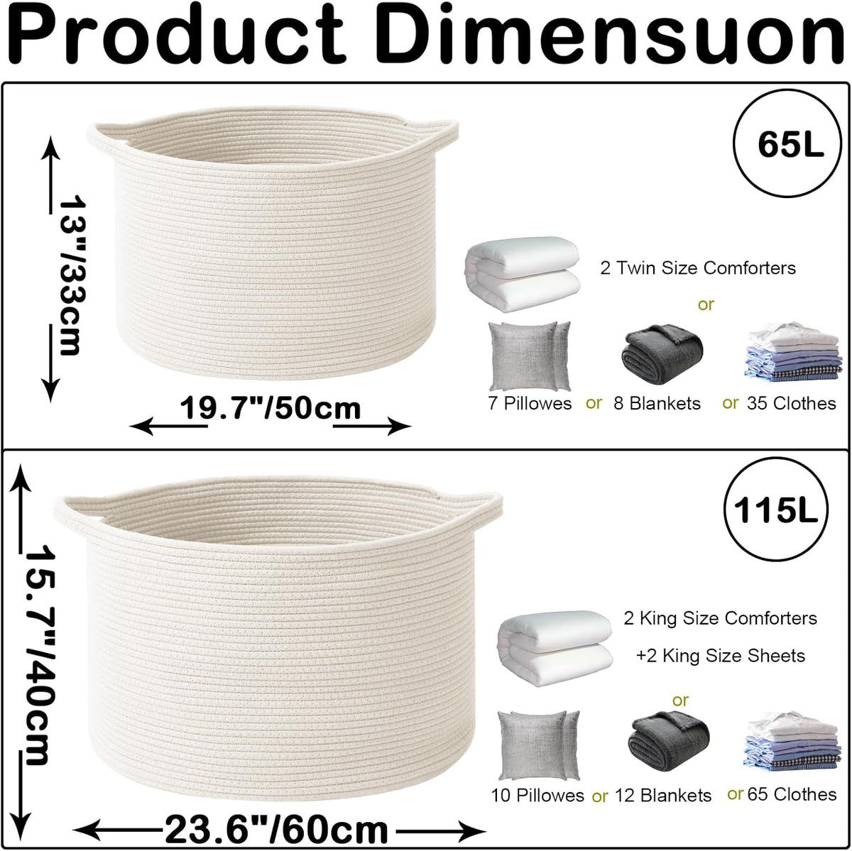 Large Blanket Basket for Organizing,65L Closet Organizers and Storage Bins Box for Shelves Woven Rope Storage Baskets,Living Room,Bedroom,Dorm,Laundry room (White)