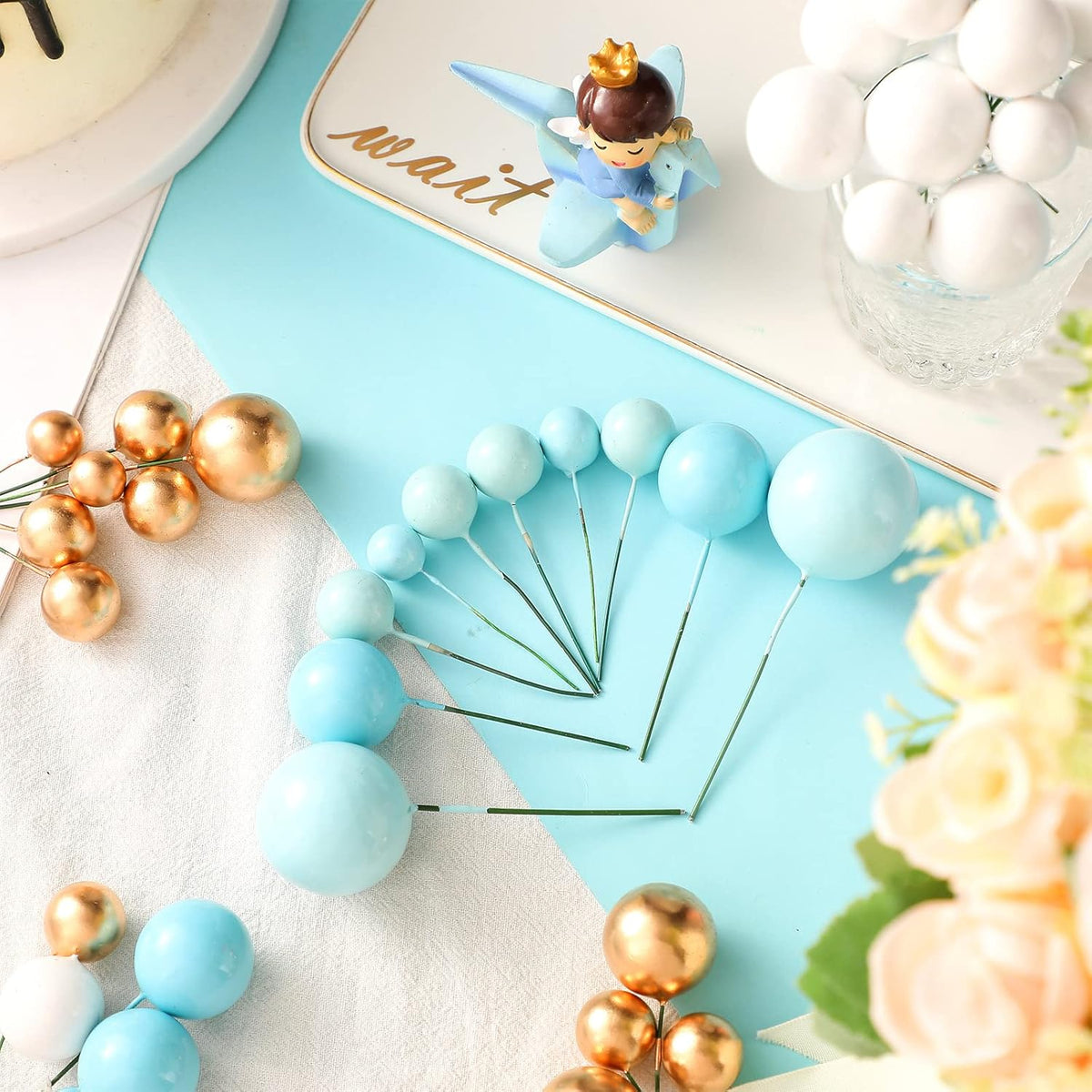 108 Pcs Balls Cake Topper DIY Cupcake Insert Foam Balloons for Cake Baking Wedding Anniversary Birthday Decoration(Blue, White, Gold,Multi Sizes)