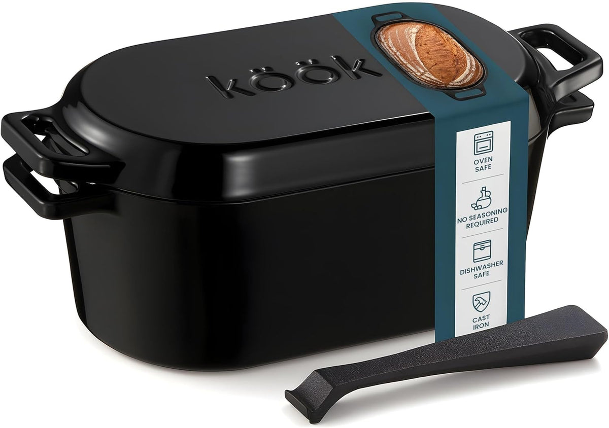 KooK Dutch Oven, Oven for Sourdough Bread Baking, with Lid, Dual Handles, Enameled Cast Iron, includes Lid Lever, Great for Baking Bread, Cooking and Roasting, Dishwasher Safe, 3.4 Qt, Black